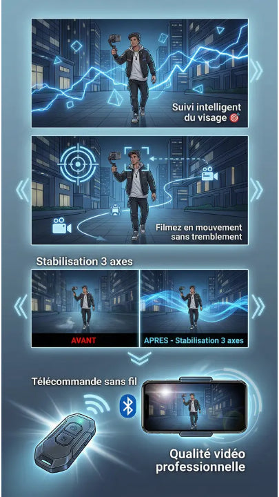Stabilisateur Gimbal 3 Axes M02 avec Télécommande – Suivi Visage pour iPhone & Android | TikTok Vlog