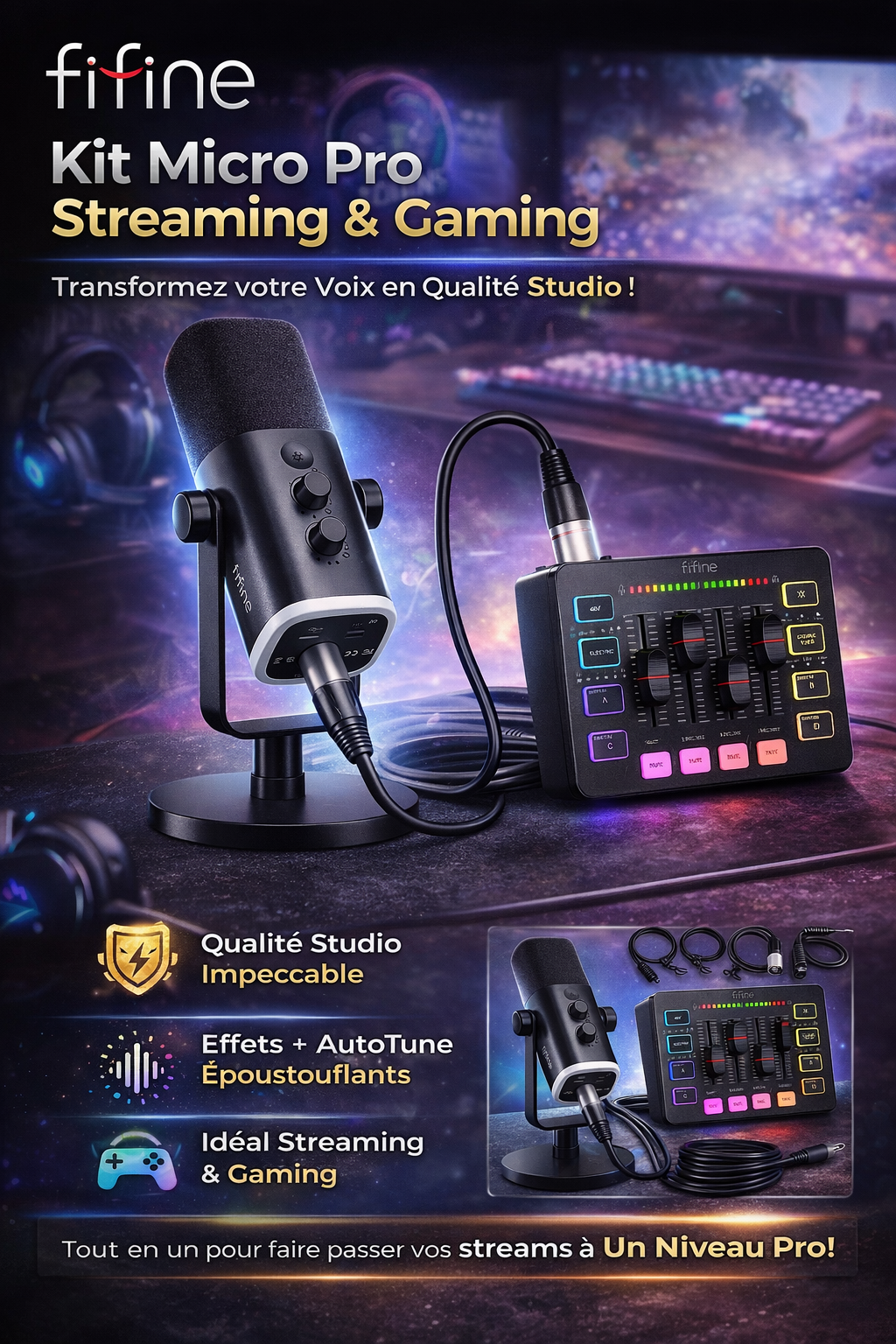Microphone Gaming FIFINE – Kit complet Streaming & Podcast