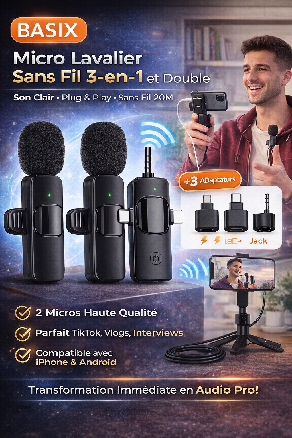 Microphone Lavalier Sans Fil 4-en-1