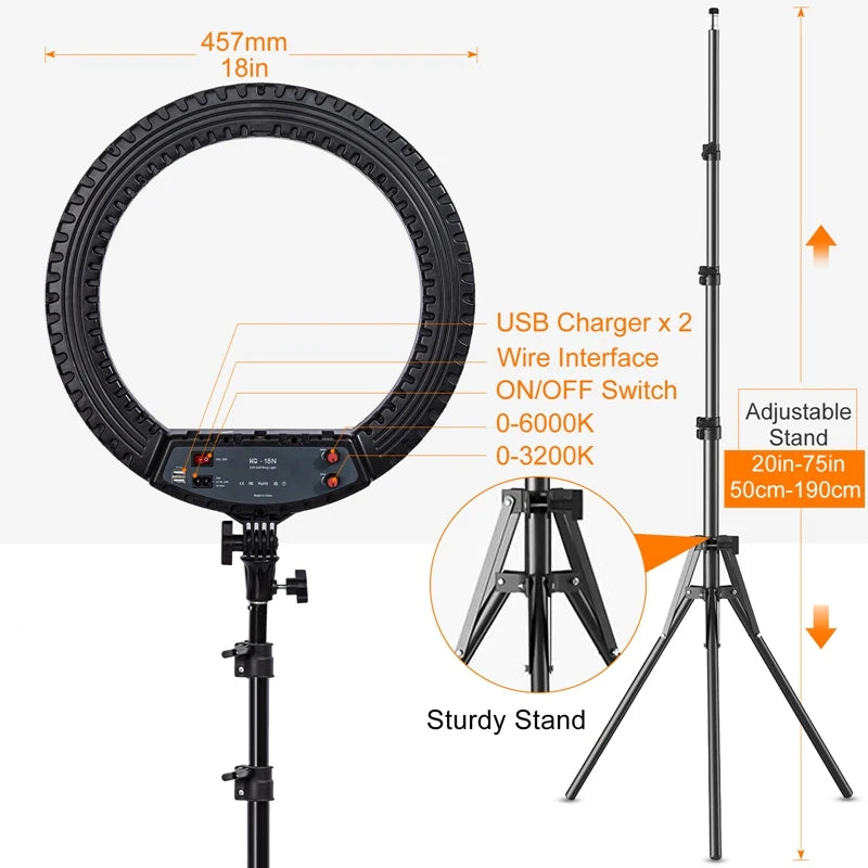 ing Light 18" avec Trépied Réglable – Lumière Studio pour Vlog, Streaming et Selfie